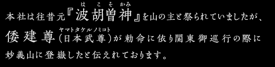 本社は往昔元『波胡曽神』(はこそかみ)を山の主と祭られていましたが、倭建尊（日本武尊）が勅命に依り関東御巡行の際に 妙義山に登嶽したと伝えれております。