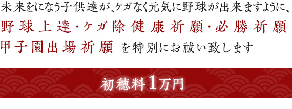 未来をになう子供達が、ケガなく元気に野球が出来ますように、野球上達・ケガ除健康祈願・必勝祈願
甲子園出場祈願 を特別にお祓い致します　/　初穂料1万円